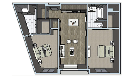 Interior floor plan of 2 bedroom 2 bathroom apartment